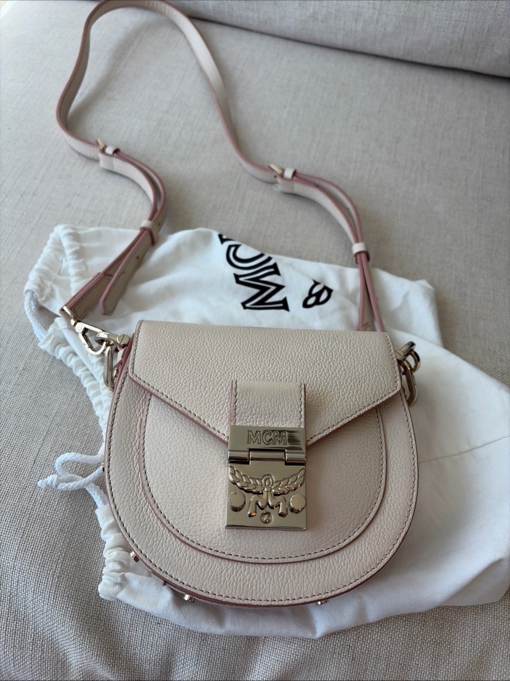 MCM Pale Pink Leather Saddle Crossbody with Gold Hardware